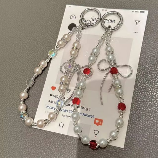 Phone with Pad Faux Bow Strap Pearl Lanyard