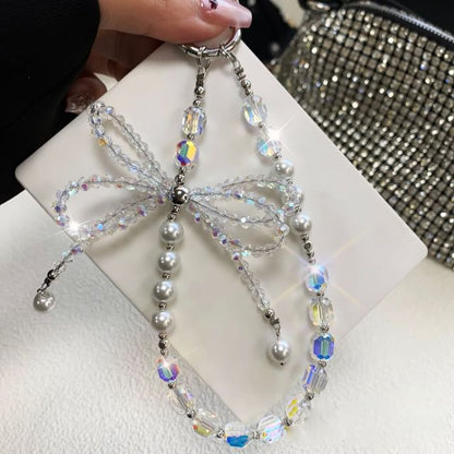 Faux Strap Phone Crystal Pearl with Bow Pad Lanyard