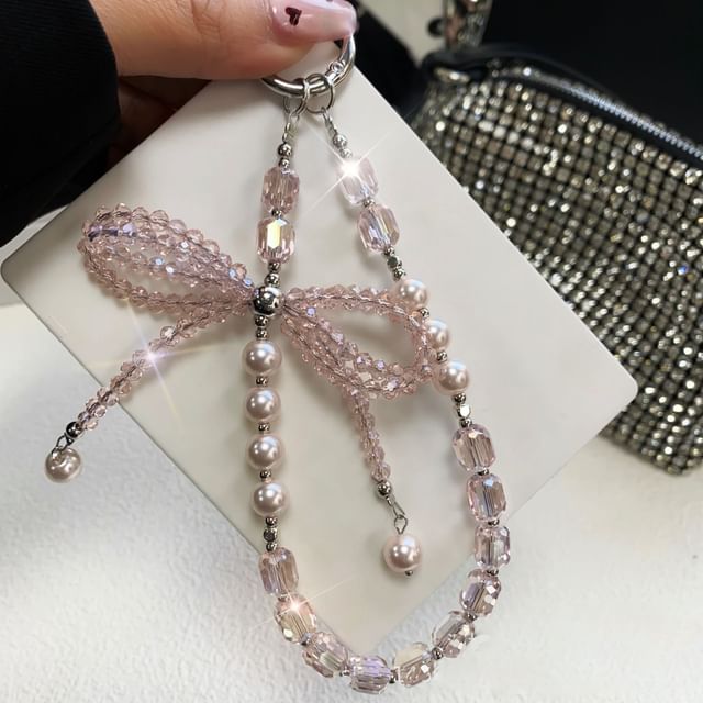 Faux Strap Phone Crystal Pearl with Bow Pad Lanyard