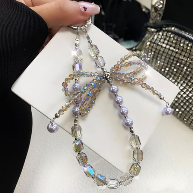 Faux Strap Phone Crystal Pearl with Bow Pad Lanyard