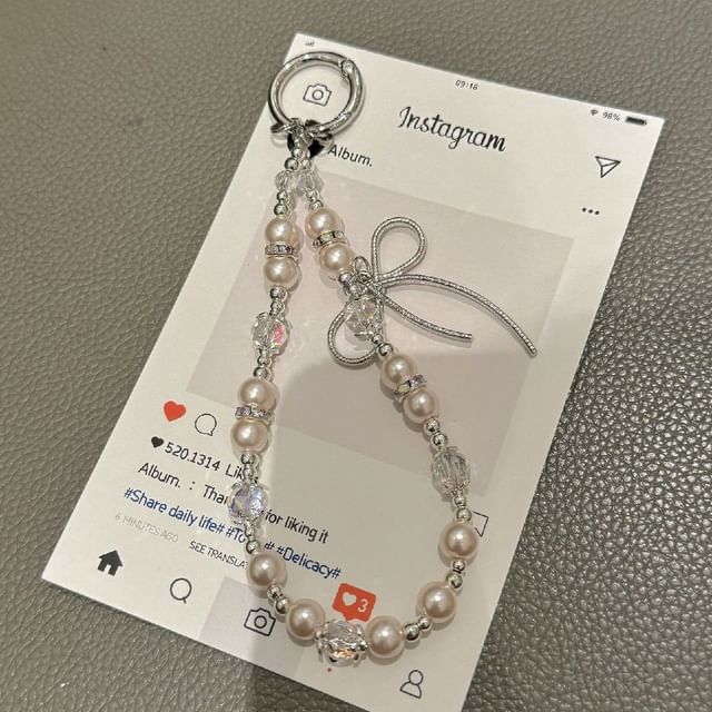 Phone with Pad Faux Bow Strap Pearl Lanyard