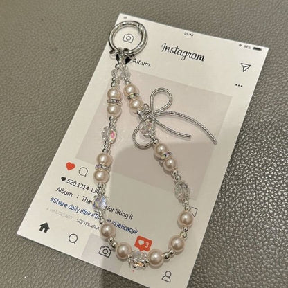 Phone with Pad Faux Bow Strap Pearl Lanyard