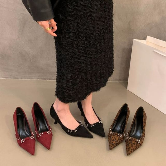 Kitten Heel Pointed Toe Buckled Pumps