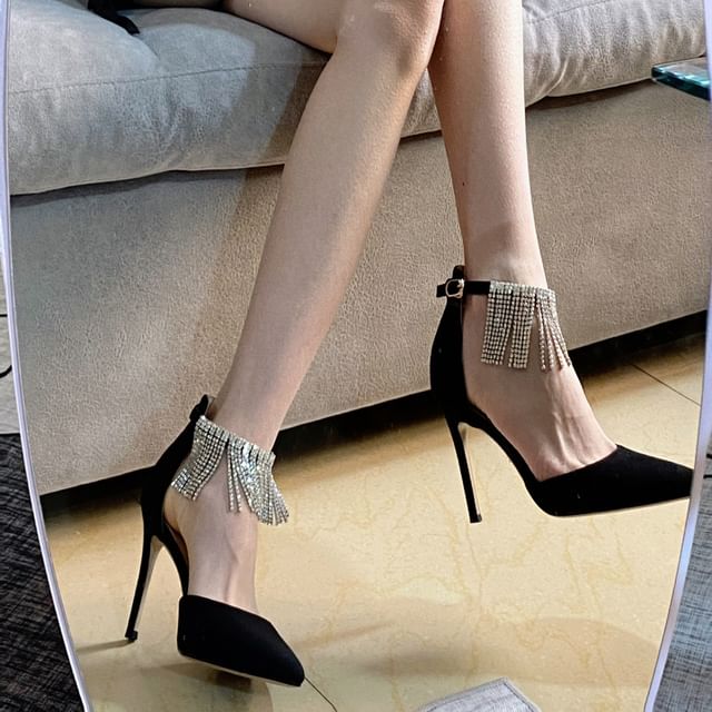 Stiletto Pointed Toe Rhinestone Fringed D'Orsay Pumps (Various Designs)
