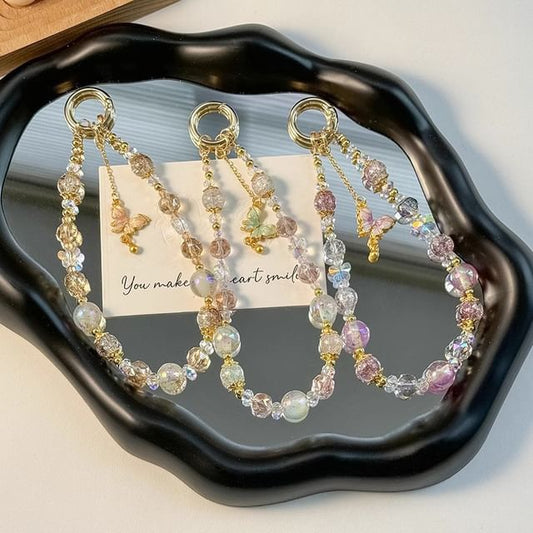 Crystal Faux Pad with Butterfly Lanyard Phone Strap