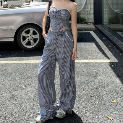 Wholesale Sample Strapless Striped Tube Top / Mid Waist Wide Leg Pants