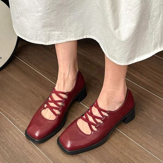 Chunky Mary Lace-Up Pumps Heel Jane Square Toe Plain
