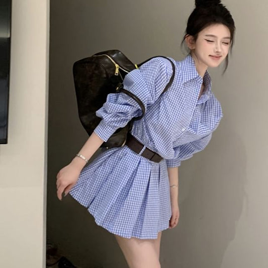 Wholesale Sample Long-Sleeve Henley Plaid Pocket Front Pleated Hem Mini Shirt Dress