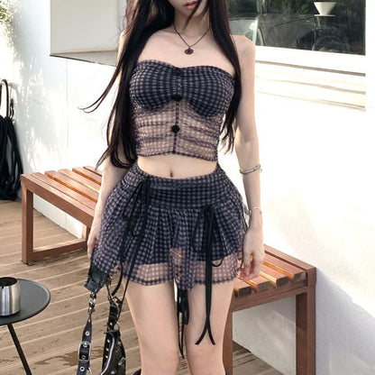 Plaid Ruched Sheer Tube Top / High Rise Bow Mini A-Line Skirt