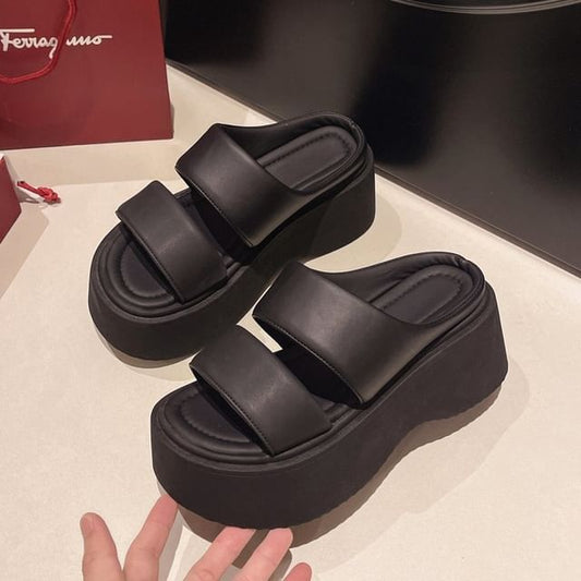 Platform Leather Faux Slide Sandals
