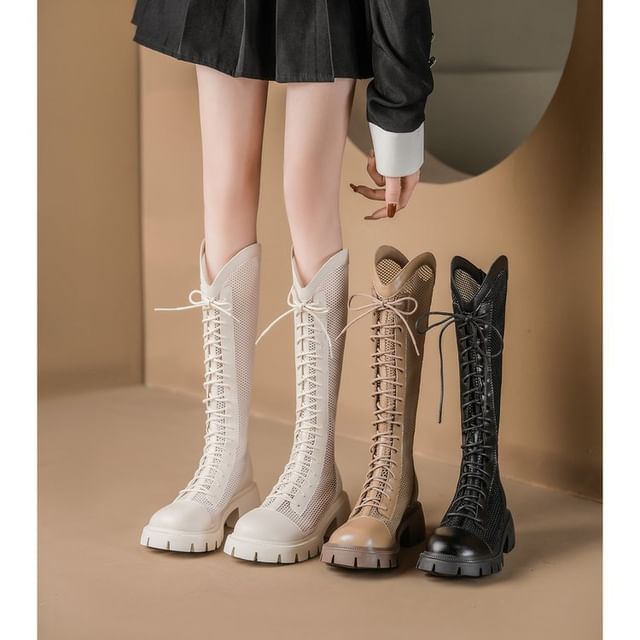 Tall Lace-Up Platform Boots Mesh Panel