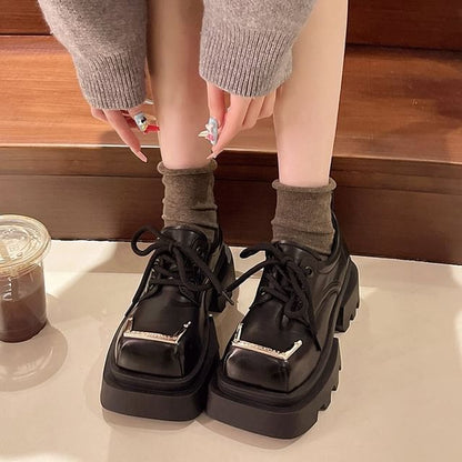 Lace-Up Platform Metal Shoes Square Accent Toe Faux Leather