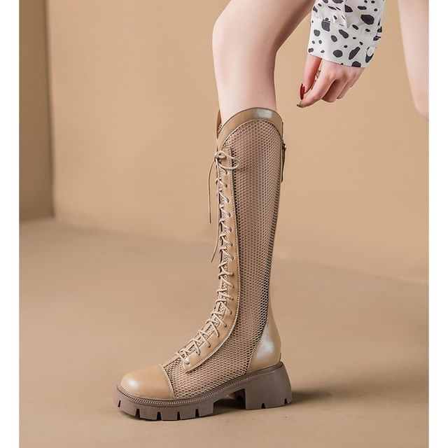 Tall Lace-Up Platform Boots Mesh Panel