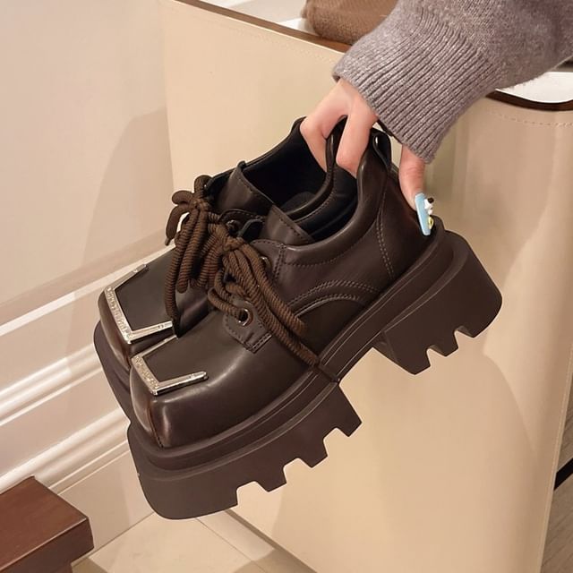 Lace-Up Platform Metal Shoes Square Accent Toe Faux Leather