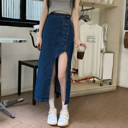 Skirt Rise Pencil Midi Denim Asymmetrical High Washed