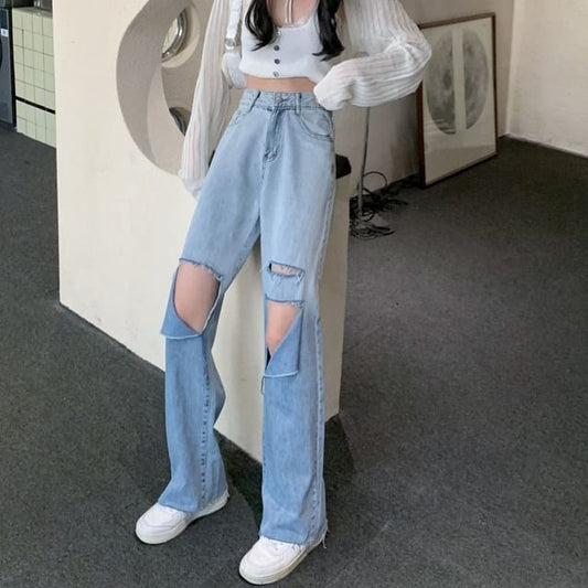 Jeans Leg High Wide Waist Gradient Washed Distressed