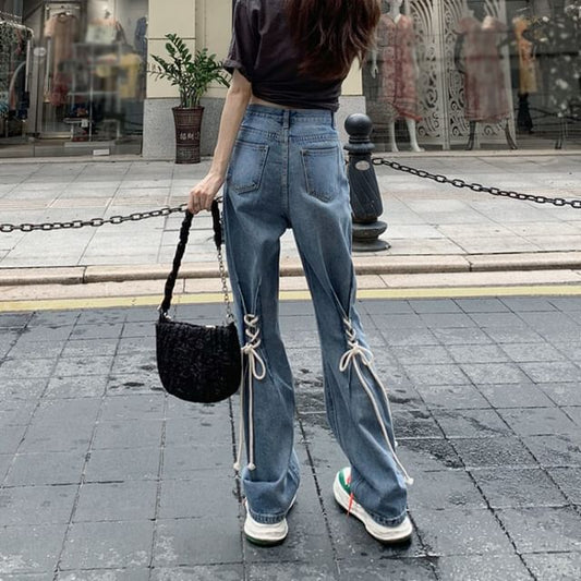 Washed High Flared Jeans Rise Up Lace