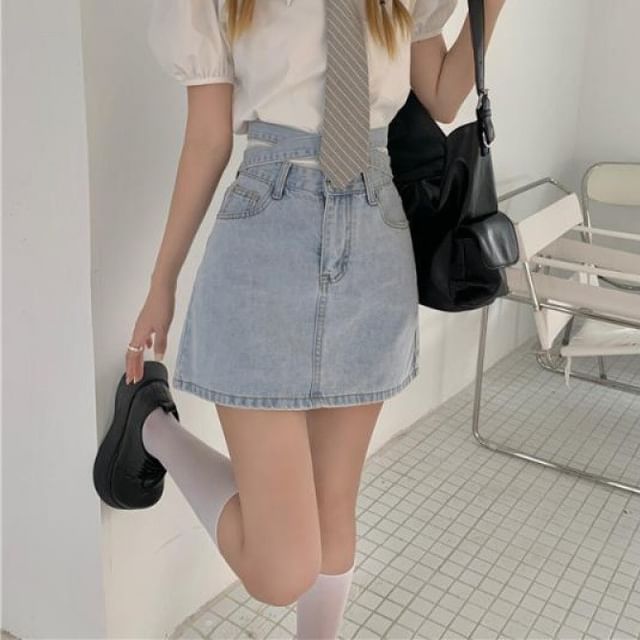 Skirt Washed Tie Rise Back High A-Line Mini Denim
