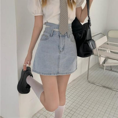 Skirt Washed Tie Rise Back High A-Line Mini Denim