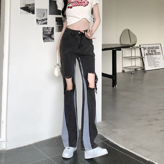 Jeans High Panel Distressed Flared Waist Washed
