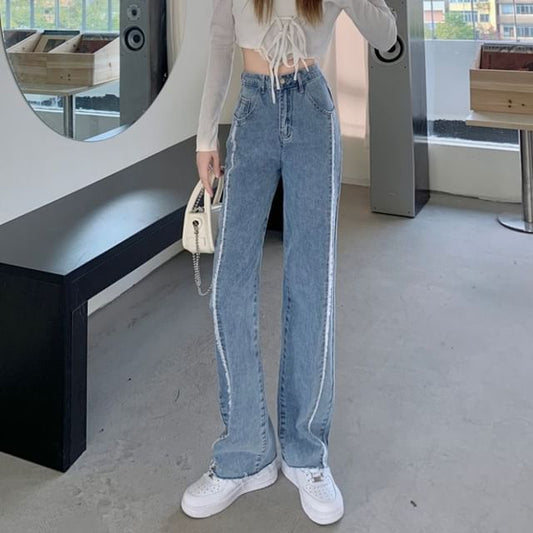 Wide High Leg Fray Jeans Rise Panel Washed