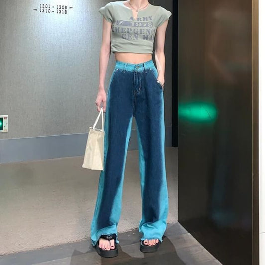 Fray Washed Wide High Rise Leg Jeans