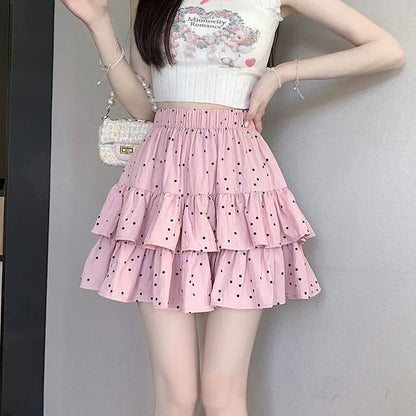 Elastic Waist Mini Ruffle Skirt Dotted A-Line