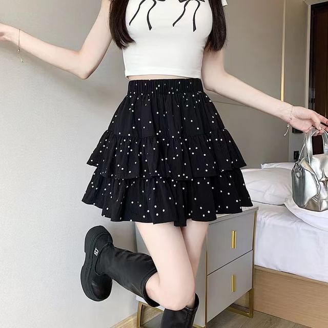 Elastic Waist Mini Ruffle Skirt Dotted A-Line
