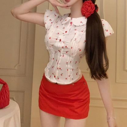 Wholesale Sample Puff-Sleeve Floral Shirt / Mid Rise Plain Mini Pencil Skirt