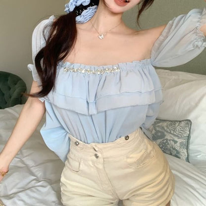 Puff-Sleeve Off-Shoulder Plain Ruffle Rhinestone Blouse