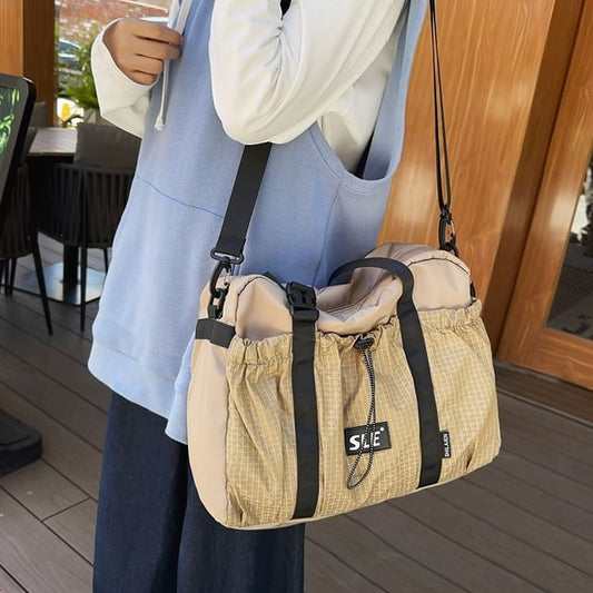 Wholesale Sample Plaid Panel Drawstring Buckled Crossbody Bag