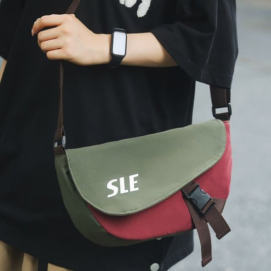Sample Lettering Two-Tone Buckled Flap Crossbody Bag