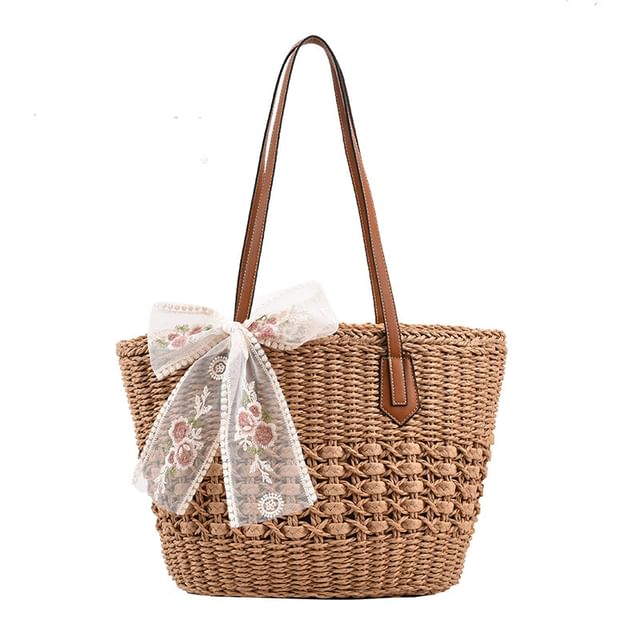 Sample Floral Embroidered Lace Bow Woven Tote Bag