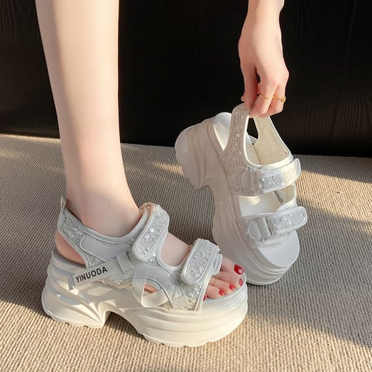 Sandals Adhesive Sequin Slingback Strap Platform