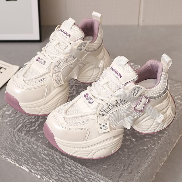 Lace-Up Panel Platform Rhinestone Faux Mesh Leather Sneakers