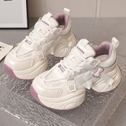 Lace-Up Panel Platform Rhinestone Faux Mesh Leather Sneakers