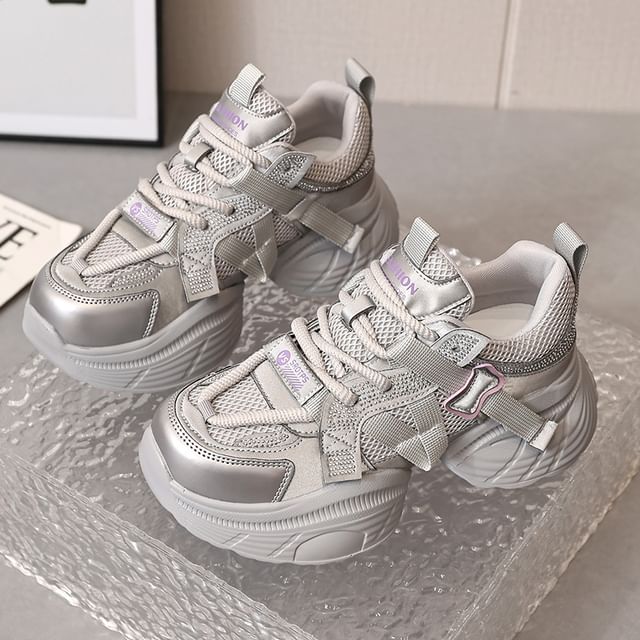 Lace-Up Panel Platform Rhinestone Faux Mesh Leather Sneakers