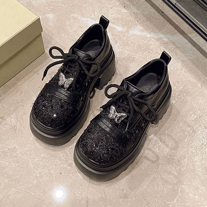 Faux Leather Panel Lace-Up Platform Tweed Shoes Brogue