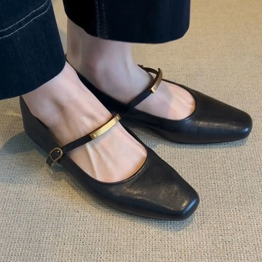 Square Toe Metal Accent Mary Jane Flats
