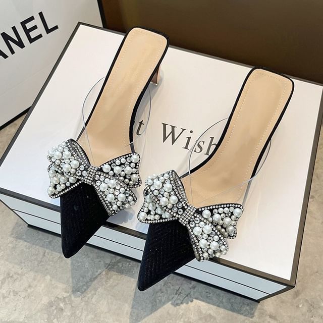 Spool Heel Beaded Bow Transparent Sandals