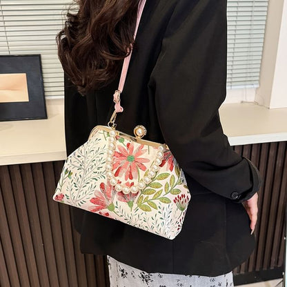 Sample Faux Pearl Strap Floral Jacquard Crossbody Bag