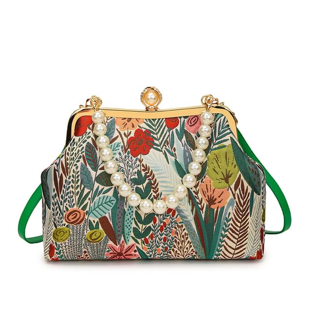 Sample Faux Pearl Strap Floral Jacquard Crossbody Bag
