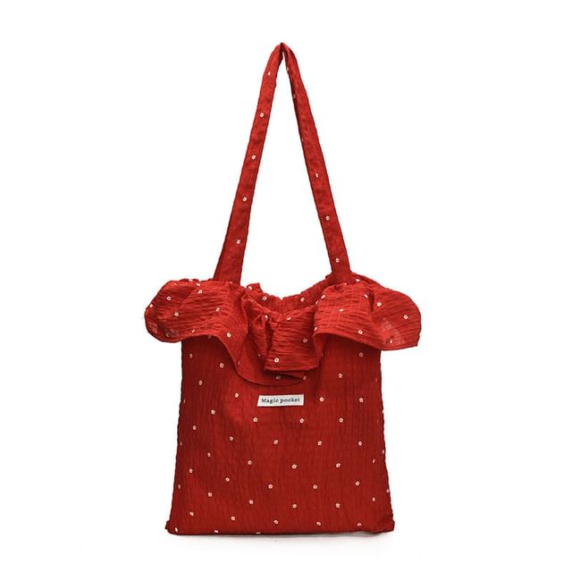 Sample Floral Embroidered Ruffle Trim Tote Bag