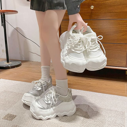 Lace-Up Platform Panel Sneakers Leather Faux Mesh