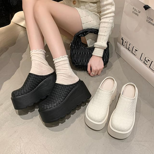 Faux Platform Leather Mules Plain