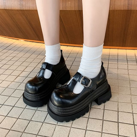 Platform Mary T-Strap Jane Shoes Plain Faux Leather