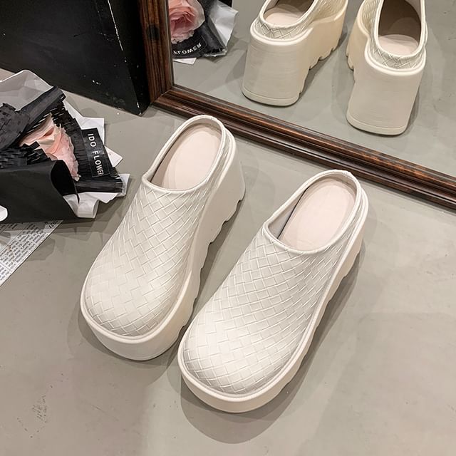 Faux Platform Leather Mules Plain