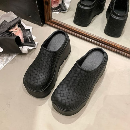 Faux Platform Leather Mules Plain