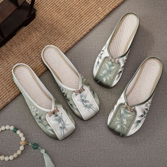 Embroidered Floral Panel Mules
