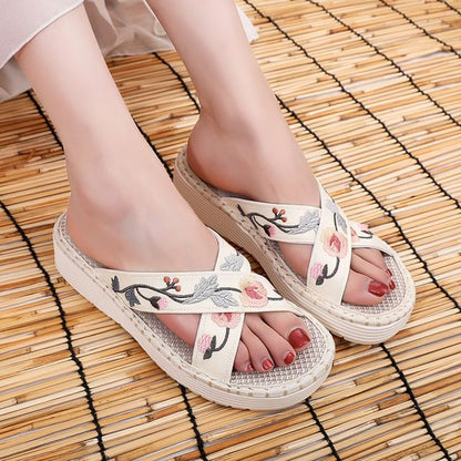 Embroidery Sandals Floral Cross Strap